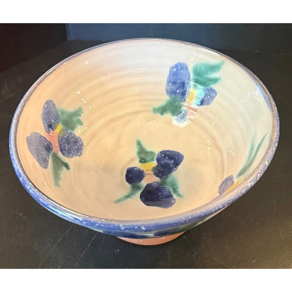 Studio Art Pottery Hand Painted Floral Bowl Blue White Signed 1992 Cottage Boho